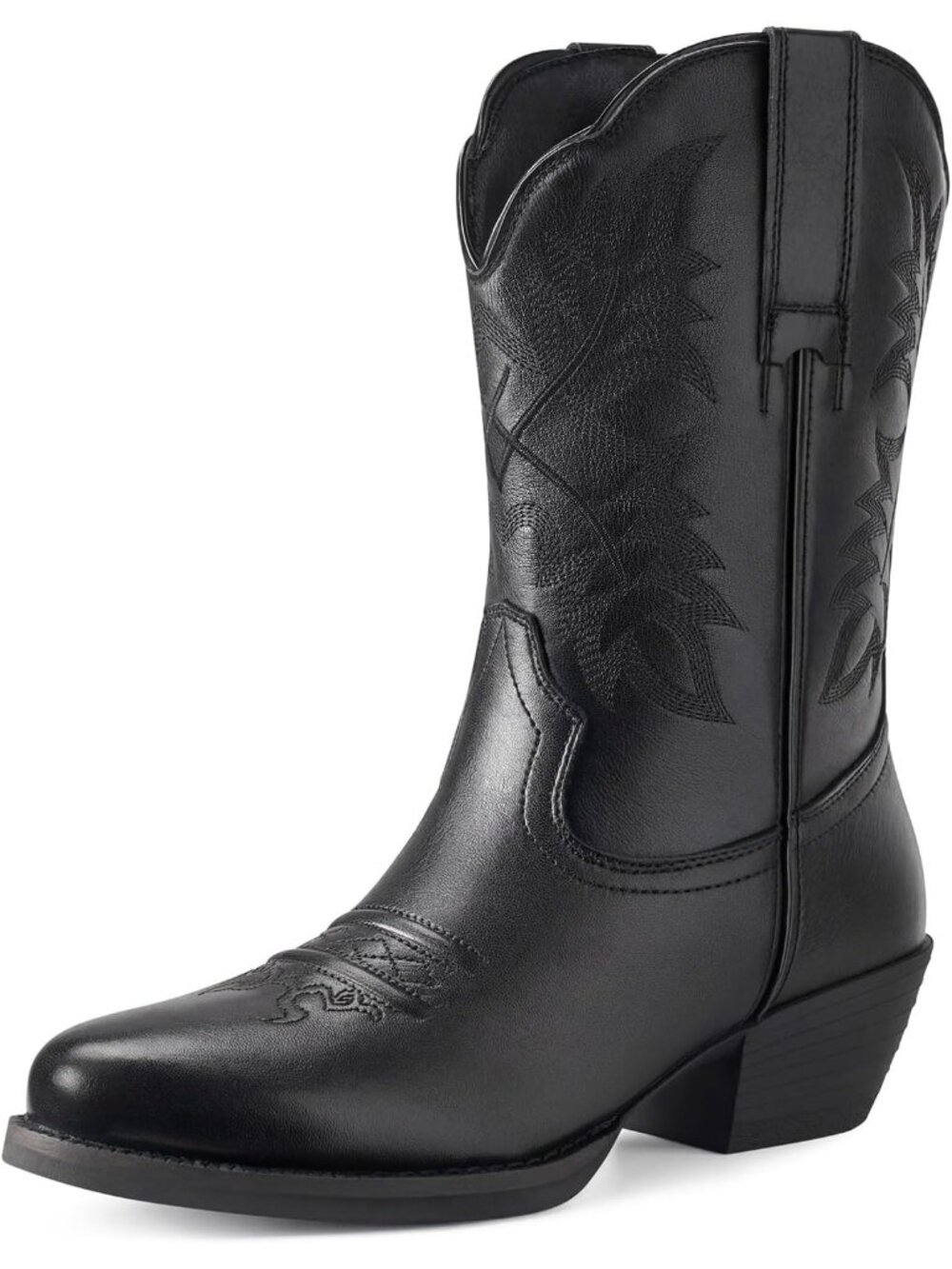 Women's Black Genuine Leather Almond Toe Western Embroidery Cowgirl Heel Boots